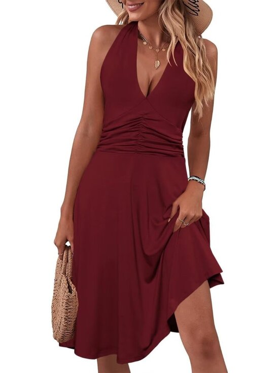 Dresses & Skirts - Women's Wine Red Sundress Summer Sleeveless Halter Neck Casual Beach Dress